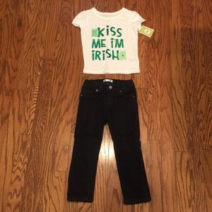 St. Patty’s Day top w/ dark blue denim jeans.4T